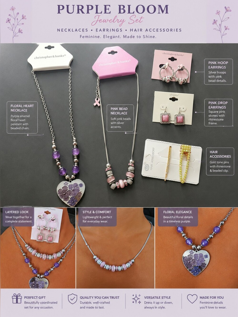 Christopher & Banks Purple Floral Heart Necklace with Pink Bead Accent